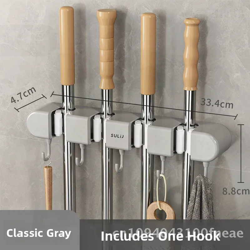

Настенная полка для швабры без перфорации для ванной комнаты, современный минималистичный пластиковый шкаф для хранения с прочной фиксированной пряжкой, зажим для метлы, скандинавский серый цвет