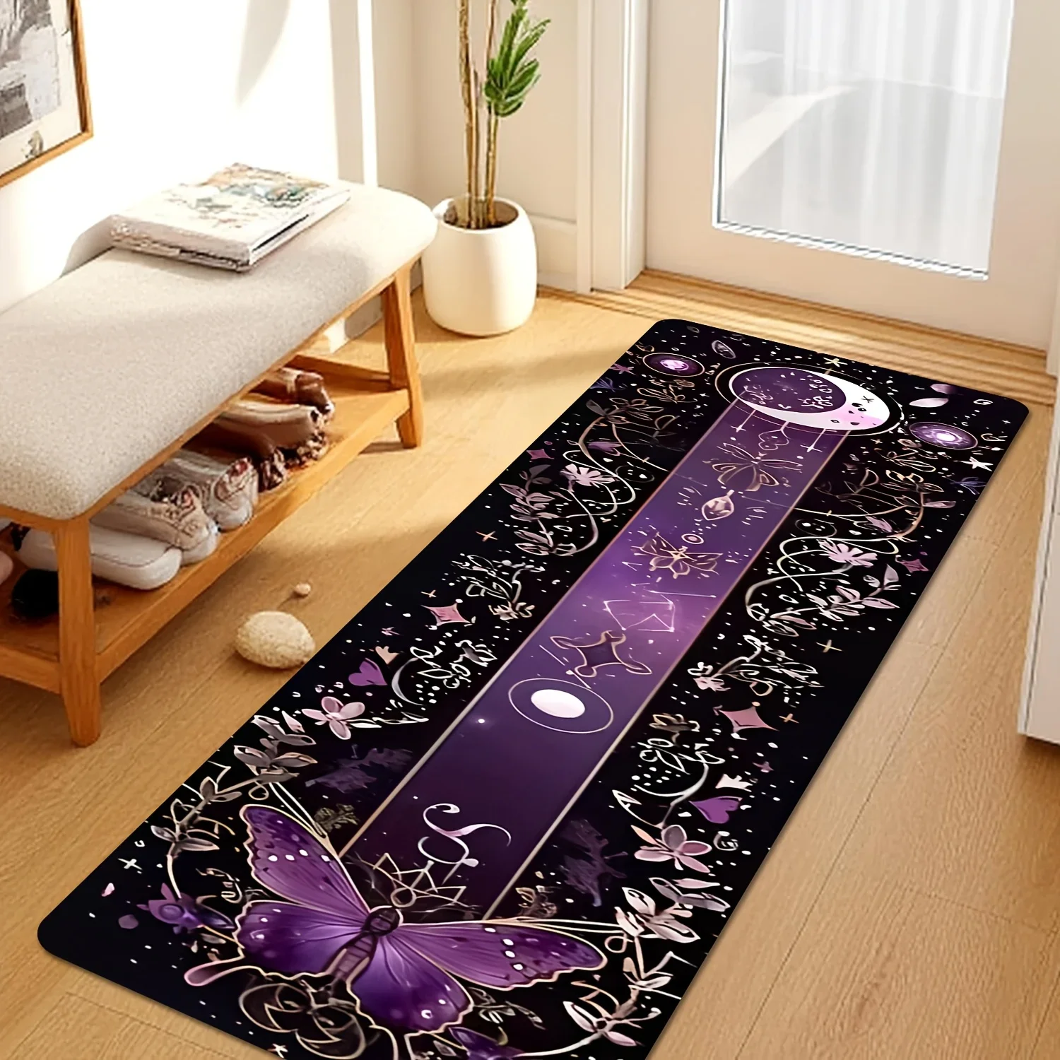 1pc Moroccan Hallway Rug with Purple Moon & Stars - Non-Slip Machine-Washable Long Runner Suitable for Narrow Corridor, Bedsid