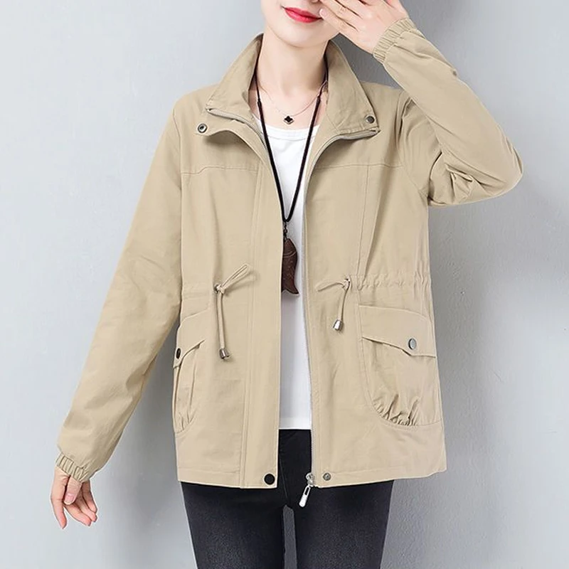 HI-FASHION Double Layer Women Plus Size Spring Autumn Korean Plus Size Lining Windbreaker Drawstring Waist Stand Collar Jacket