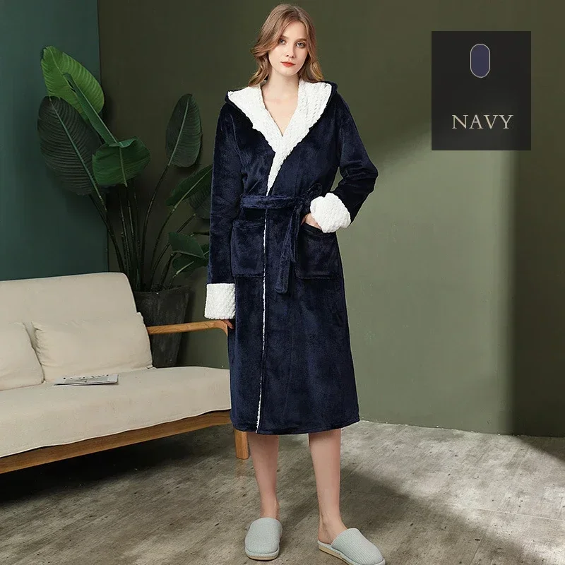 Roupão de flanela com capuz grosso casual de outono médio a longo feminino europeu e americano, pijama de lã coral grosso elegante