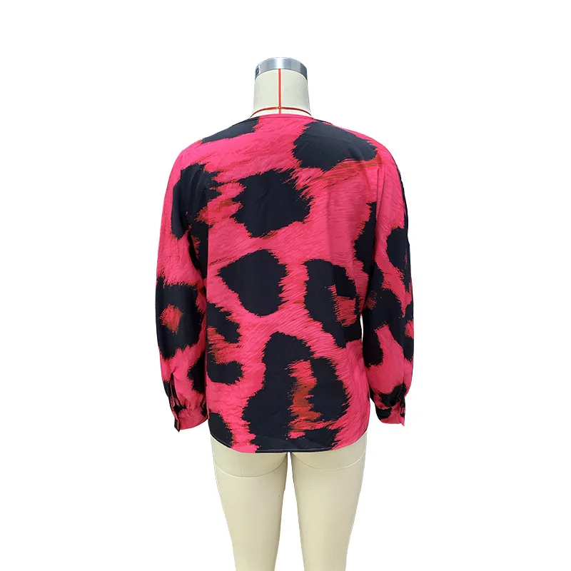 BAMBOOBOY Leopard Print Shirt Women Long Sleeve Woman Fashion Summer Top Female V-Neck Elegant Rose Red Blouses