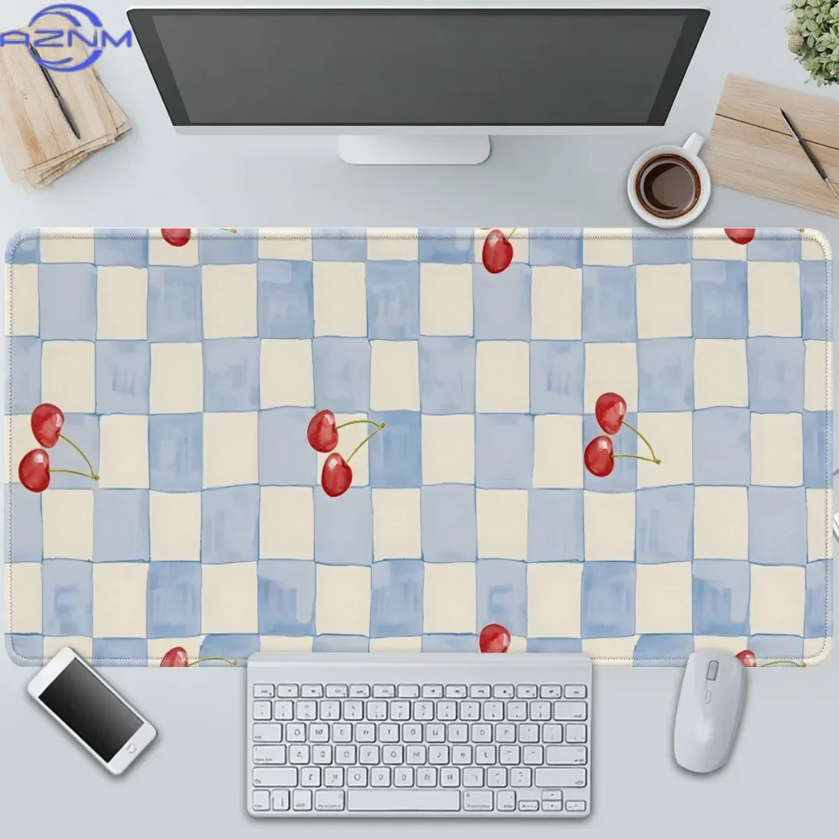 Watercolor Cherry Checkerboard Desk Mouse Pad, Blue Cream Plaid Cute Fruit Pattern Waterproof Rubber Base Aesthetic