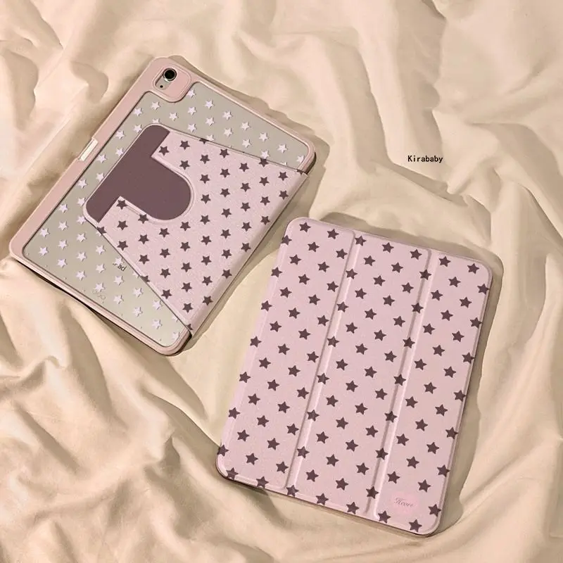 Korean 3 Fold Rotate Pink Star iPad Case For iPad Pro 11 13in 2025 iPad Pro 12.9in Air7 10/11th M4/5 Anti fall Protective Cover