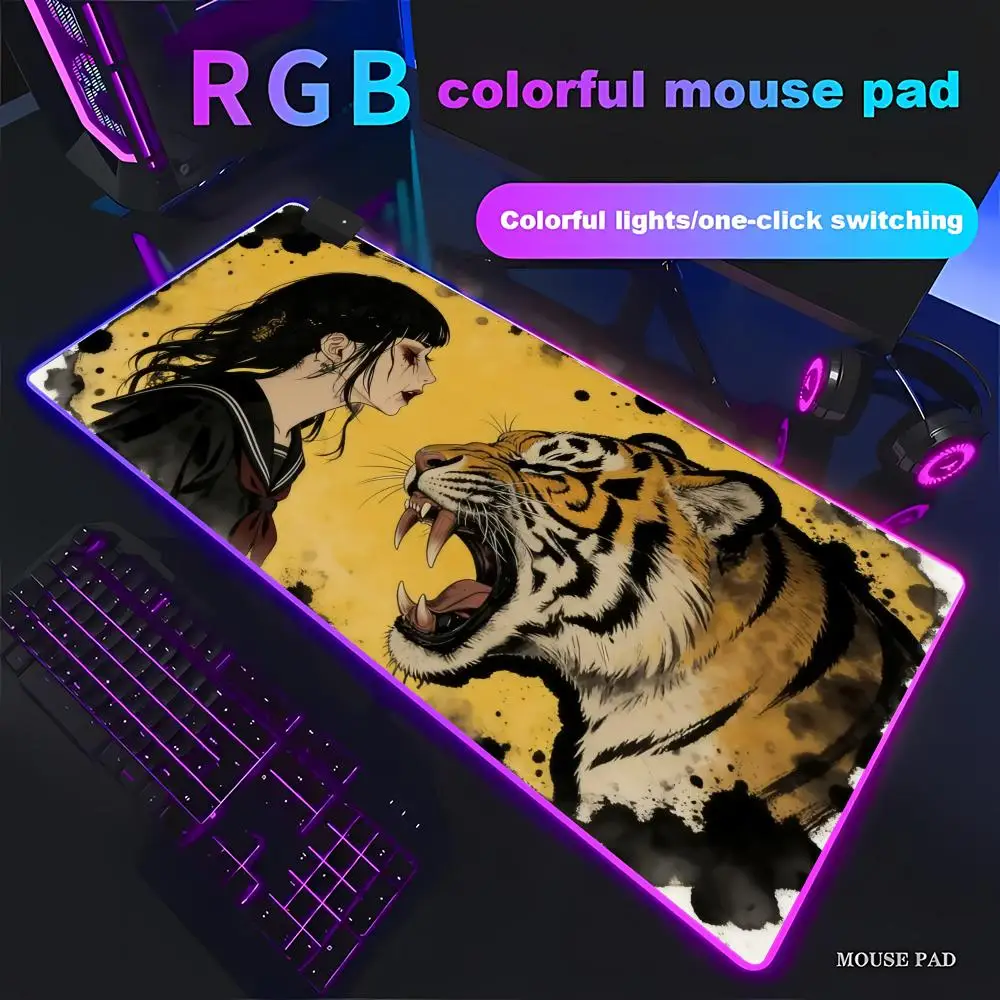 

HYBXAXC Woman Tiger Mouse Pad Animation Games Beautiful RGB Mouse Pad HD Gamer Large LED Light PC Computer pad Non-slip Decor