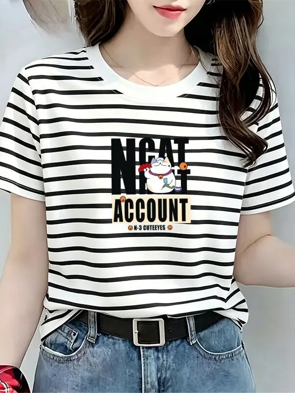New plus Size Casual Striped Short Sleeve T-Shirt round Neck Loose Fit Summer Top for Mom Women's Fashion Breathable Cotton B...