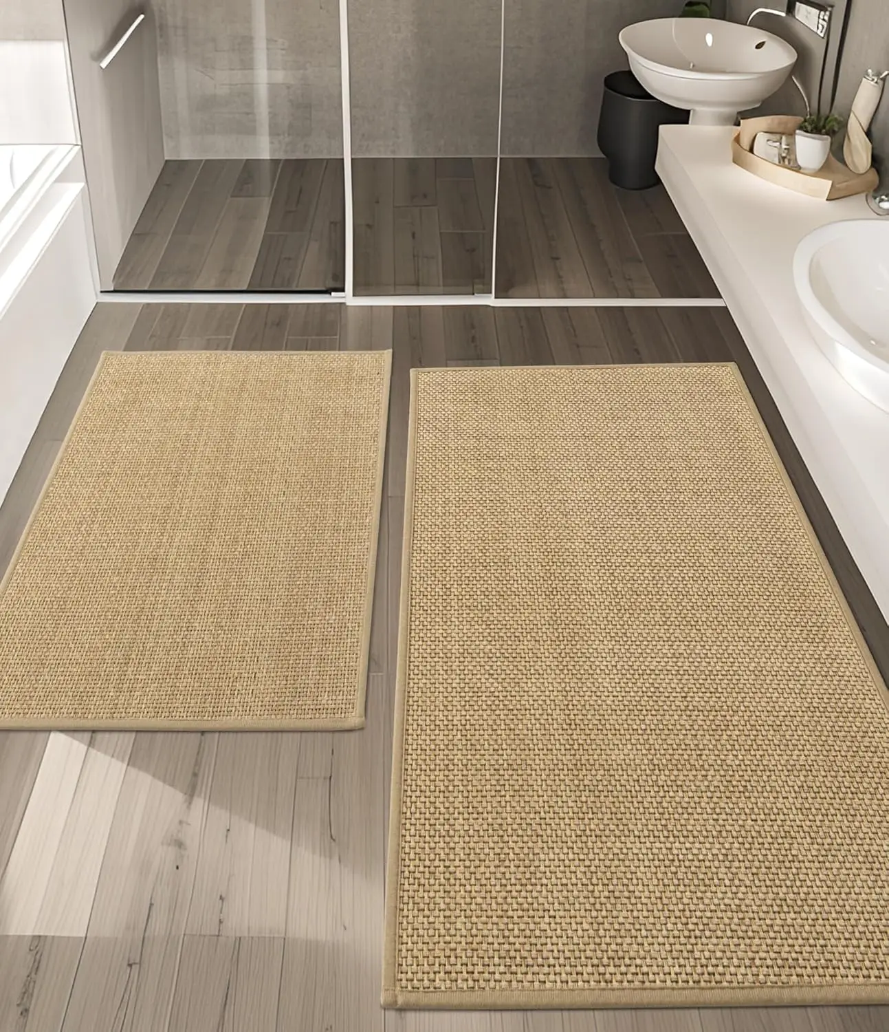 

Beige Ultra Thin Bath Mats Set, 2-Piece Absorbent Quick-Dry Rubber Backing Non-Slip Washable Rugs for Bathroom Floor