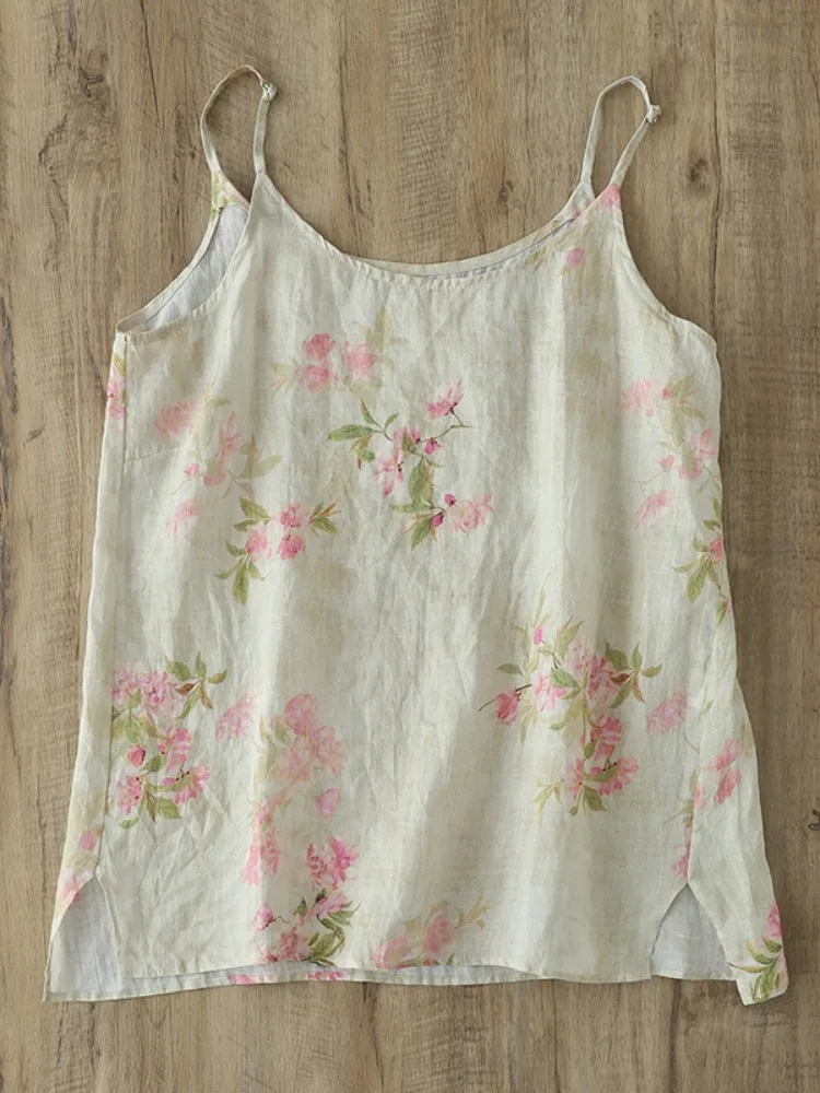 Lightweight Summer Printed Flax Material Women's Crop Top Strap Vest Cool Breathable Sleeveless Loose Fit Inner Wear Top