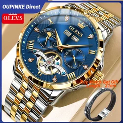 OLEVS 6691 Flywheel Men's Watches Bicolor Stainless steel Luxury Automatic Wristwatch Waterproof Moon phase Mechanical Watch Man