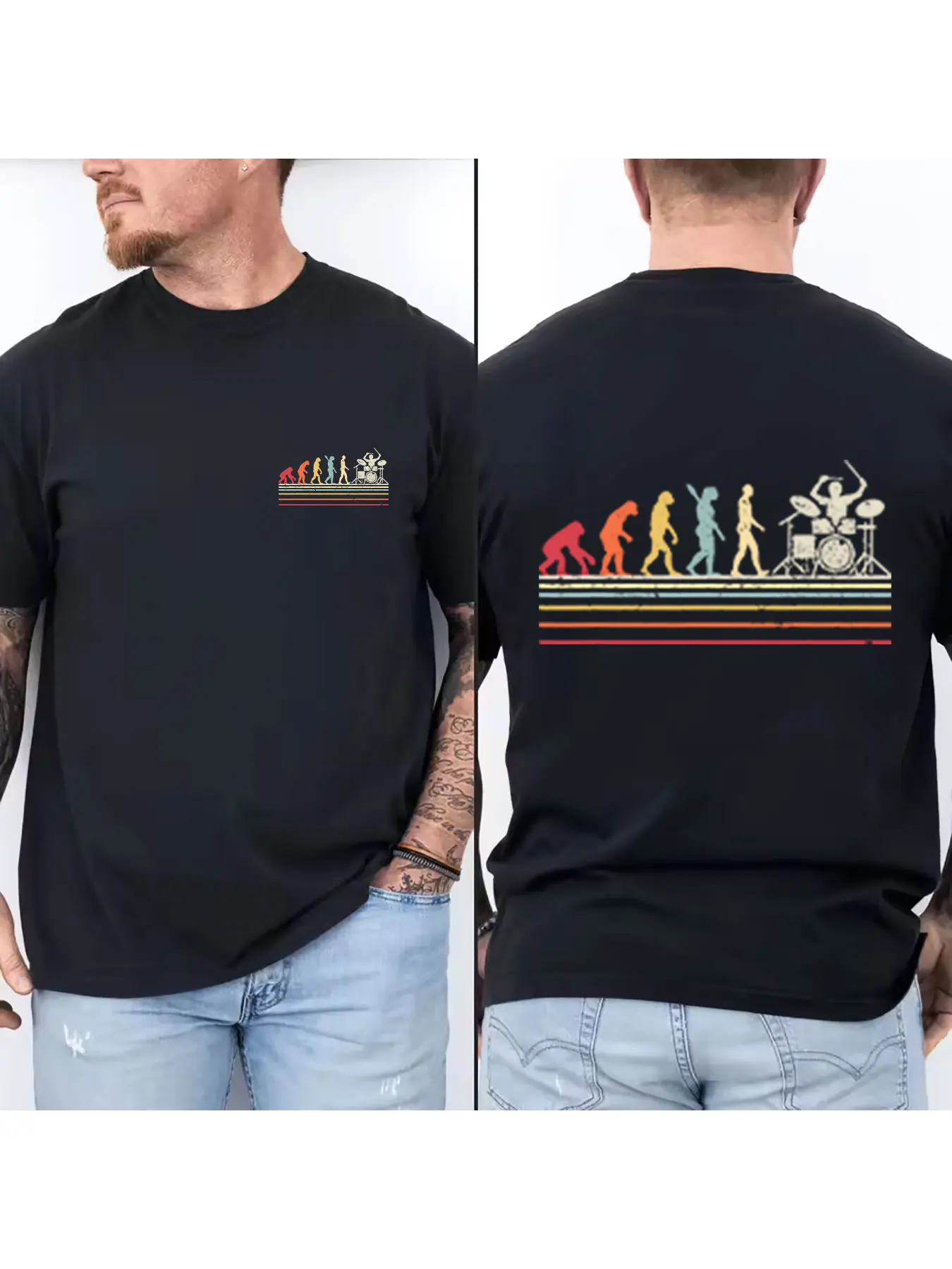 Retro Human Evolution to Drummer Graphic Cotton T-Shirt for Men, Funny Musician Evolution Print Short Sleeve Tees, Vintage Style