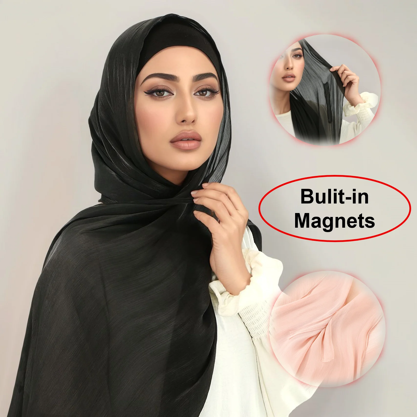 Fashion Shimmer Silk Instant Hijab With Bulit-in Magnets Muslim Women Hijab Solid Easy To Wear Shawl Wrap Islam Turban Ramadan