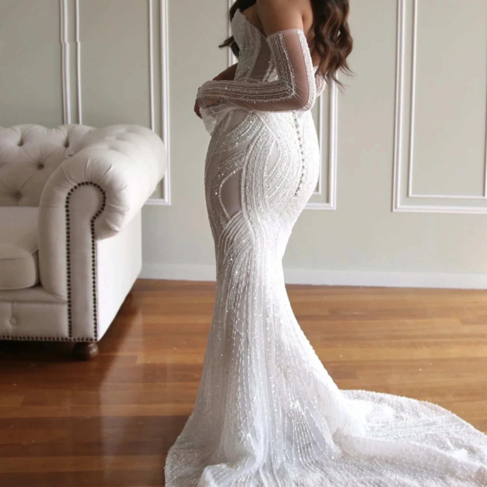 Luksusowa, błyszcząca suknia ślubna damska z koronki syrenki, zdobiona koralikami, seksowny dekolt w serek, odkryte ramiona, suknia balowa, suknia ślubna na przyjęcie, model 2026, możliwość personalizacji.