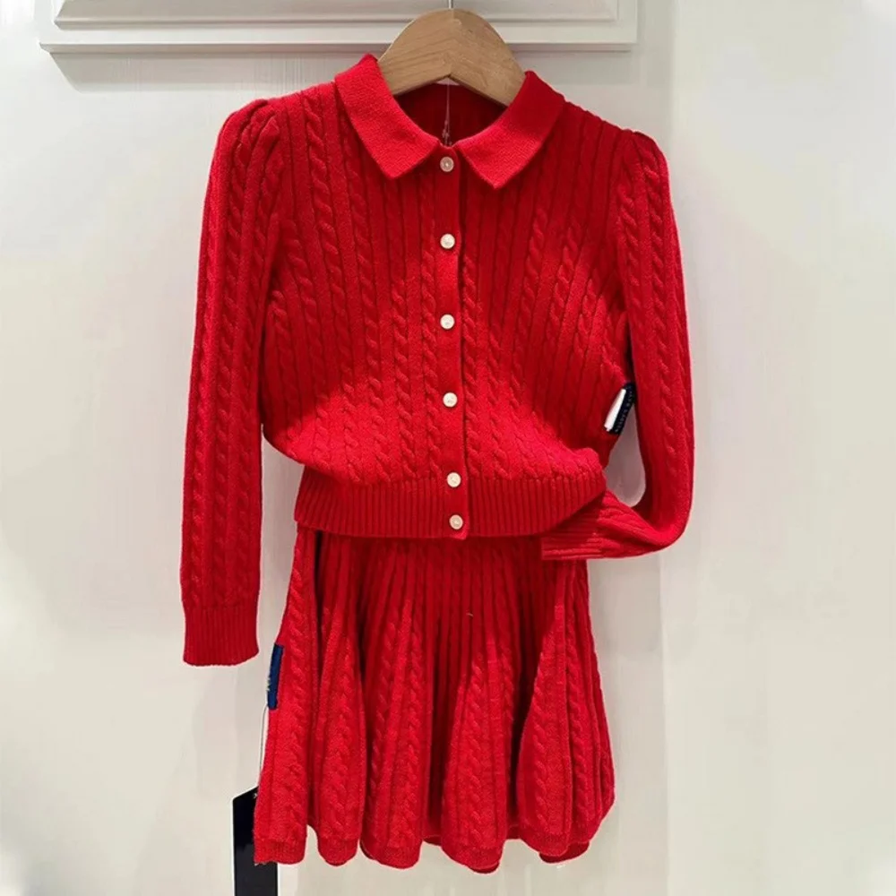 2025 New Girls Knitted Twisted Set Classic Cable Knit Collar Cardigan Sweater + Half Skirt British Style Children's Clothing