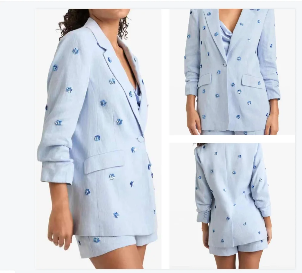 

Light Blue Women Suit Set 2 Pcs Blazer+Short Pants Trousers Stone Crystal Formal Office Lady Jacket Customized Wedding Prom Coat