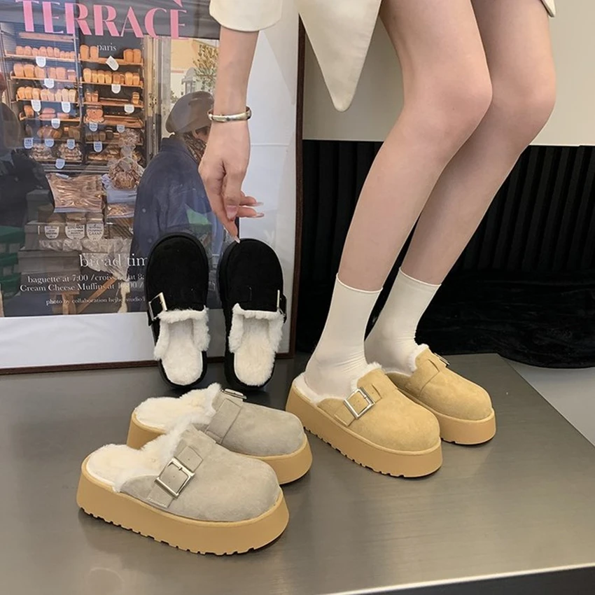 

Flats Shoes Fur Women Platform Slippers Winter 2024 New Brand Warm Casual Flip Flops Short Plush English Style Fashion Casual 40