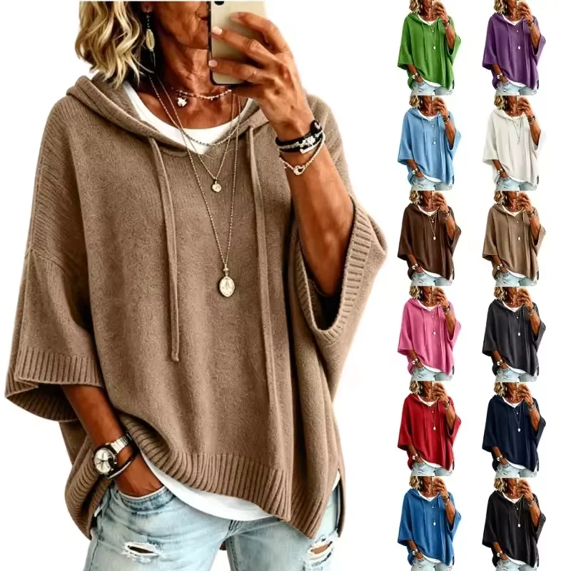 2026 New Women's Drawstring Knitted Pullover Hooded Loose Fit Knit Sweater 3/4 Wide Sleeve Side Split Hem Casual Outerwear Top