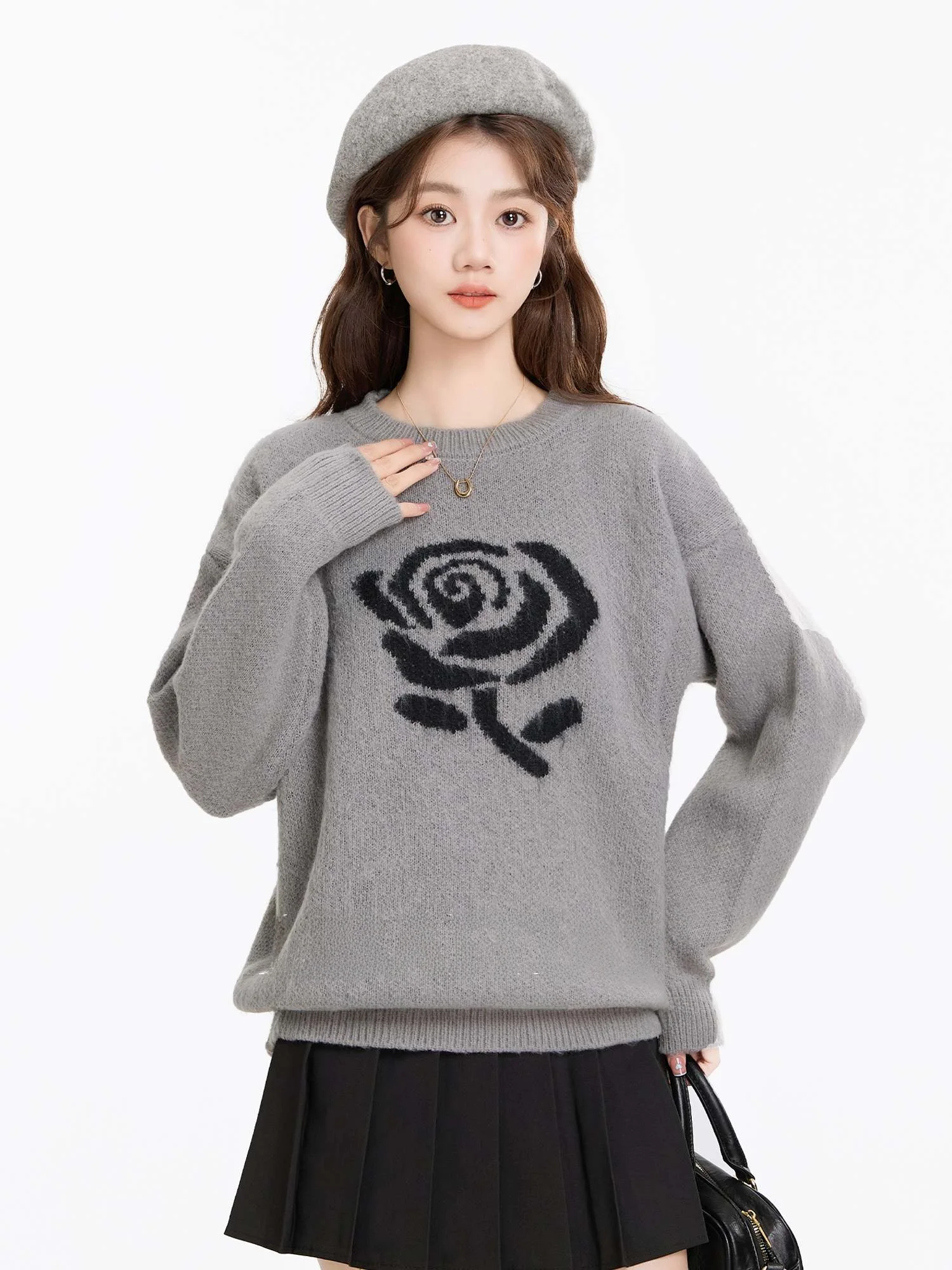 Retro Rose Embroidery round Ne Loose Women's Knitted Sweater Casual Outerwear Spring Autumn Winter Comfortable Fit Knitwear