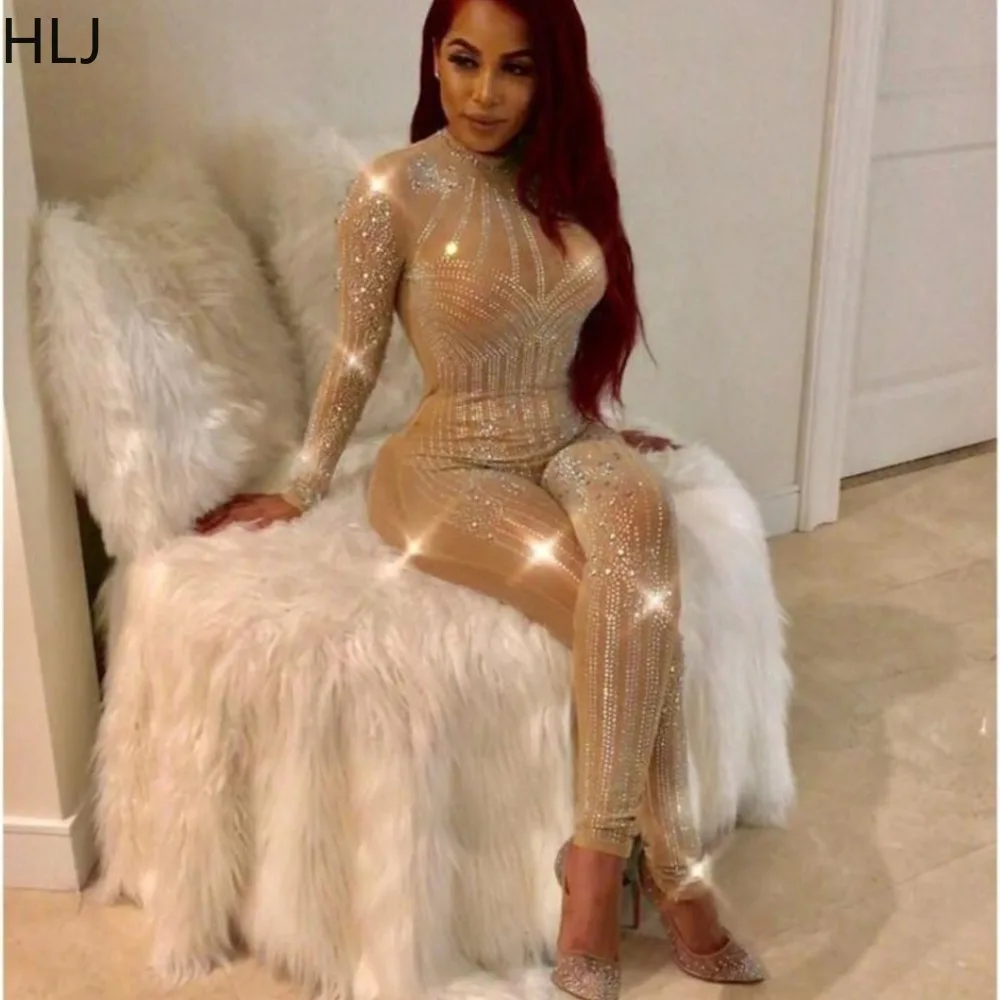 

HLJ Sexy Mesh Luxury Rhinestones Bodycon Jumpsuits Women Round Neck Long Sleeve Perspective Nightclub Playsuits Fashion Overalls