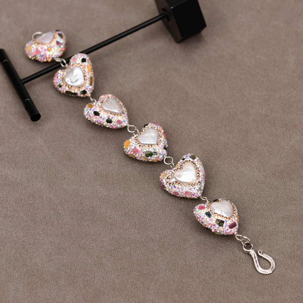 GG Freshwater Cultured White Pearl Tourmaline Crystal Paved CZ Cubic Zirconia Bracelet Handmade Lady Gifts