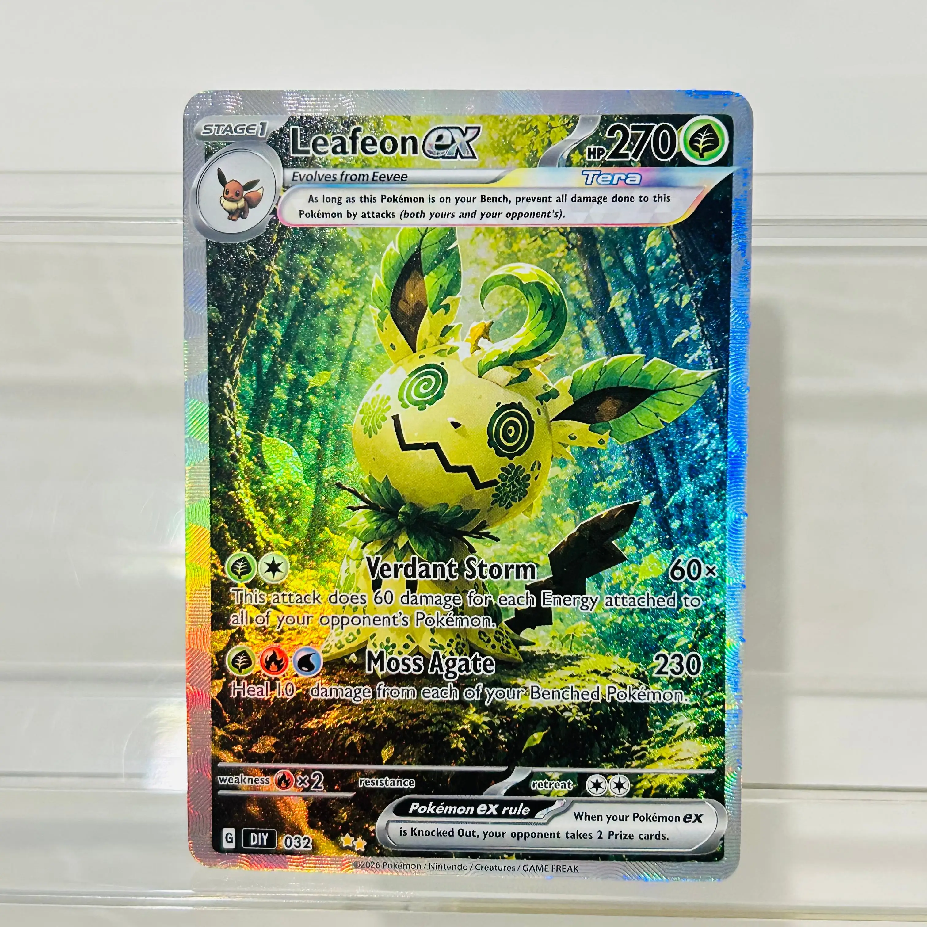 

Pokemon Mimikyu Leafeon 032 English Version DIY Holographic Foil Texture Card, Perfect Condition Premium Anime Collection Card