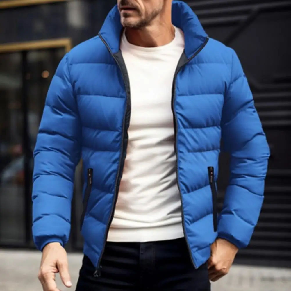 Down Coat with Full Zipper Closure Men's Stand Collar Down Coat with Side Zipper Pockets Solid Color Full for Outdoor for Long