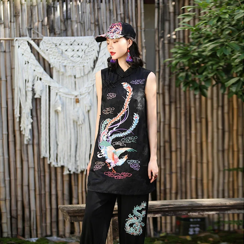 Black Embroidery Vest Chinese Style Tang Suit Fashion Ethnic Women Vintage Tradition Gilet Oriental Waistcoat Mid-length Summer