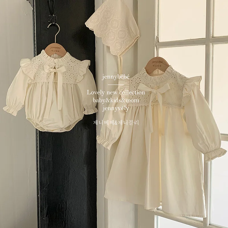 2024 New Spring Sisters Clothes Kids Party Dress Girls Princess Dress Long Sleeved Cotton Lace Splicing Toddler Baby Bodysuits