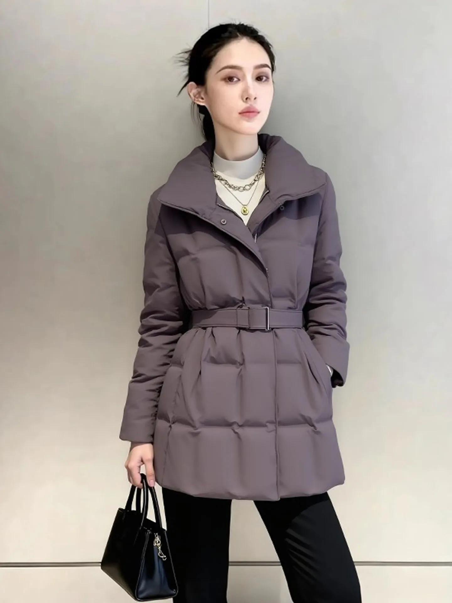 

Женское теплое пальто Ele коричневого пуха Jaet Thiened с воротником-стойкой и застежкой на талии, зимнее новое пальто средней длины для поездок на работу