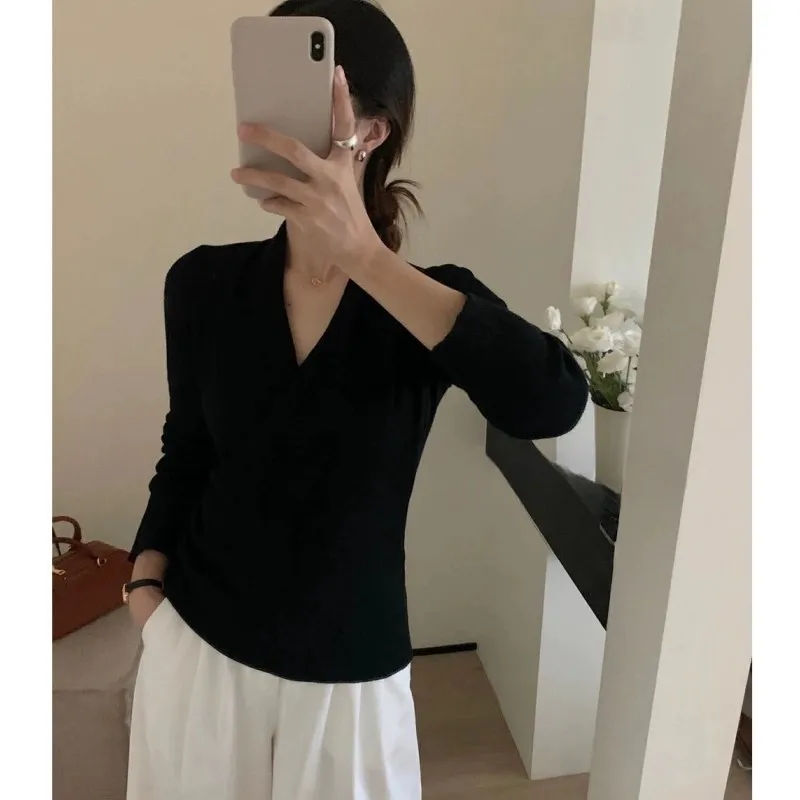 High-end design sense! Gentle style cross-collar 100 pure cashmere sweater women's knitted top wool bottom sweater