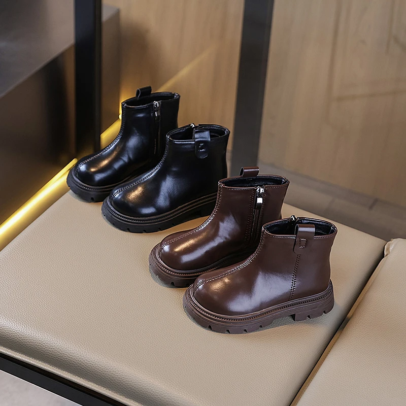 

Новинка 2023 года, осенние детские винтажные кожаные ботинки для девочек, непромокаемые нескользящие однотонные ботильоны принцессы на молнии, детская повседневная обувь