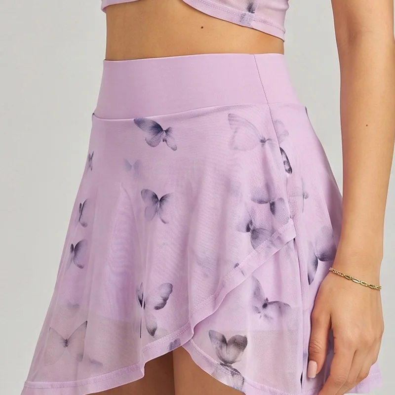 New Breathable Printed Mesh Yoga Short Skirt Fake Two-piece Anti Glare Fashionable And Simple Fitness Sports Short Skirt