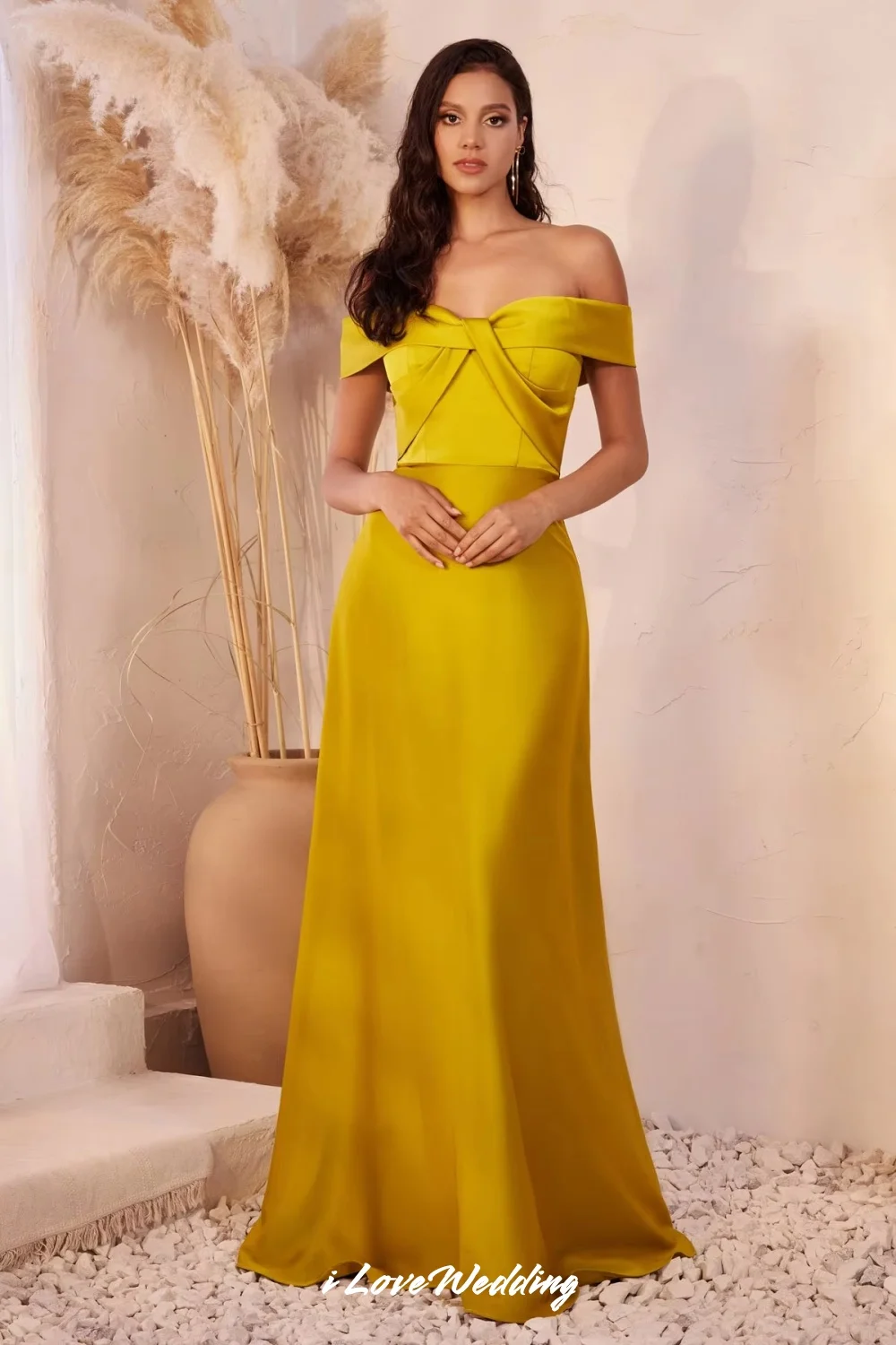 

Yellow Off the Shoulder Evening Dresses 2025 Satin Pleated Backless Mermaid Elegant Floor-Length Wedding Party Dress Customized
