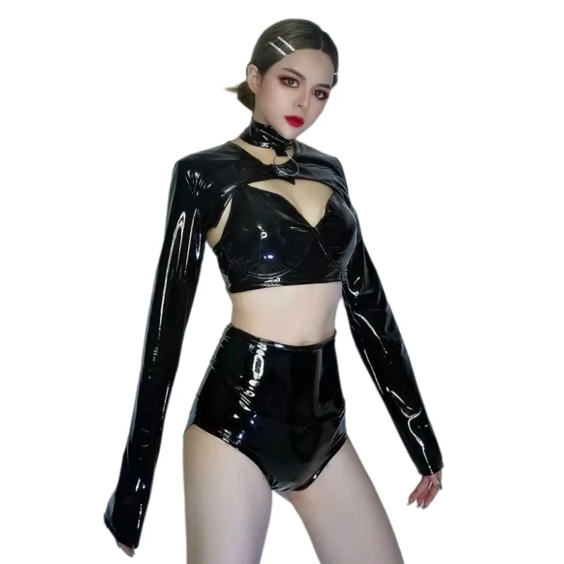 

Red PU Leather Bra High-waist Shorts Tops 4 Pieces Set Sexy Nightclub Bar DJ Singer Jazz Modern Dance Costume Dancer Clothes