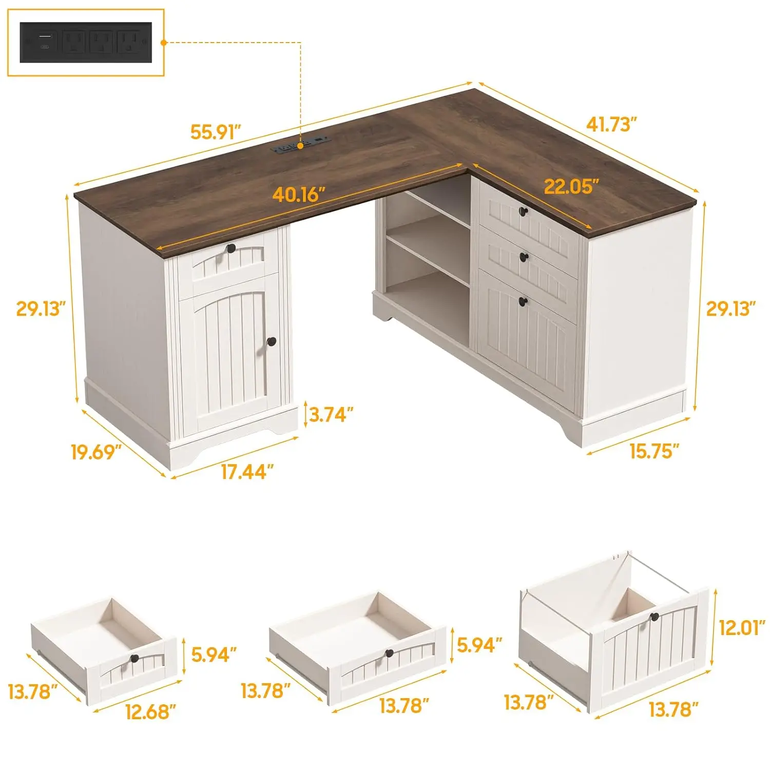 L Shaped Corner Desk with Drawers & Power Strip, 56 Inch Wooden Home Office File Storage, White & Brown, Customized