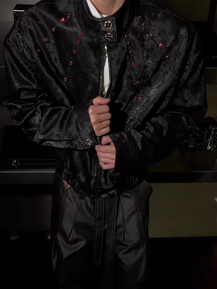 

Retro American Snake Texture Leather Jaet Men's ort Sle Stand Collar Punk Sle Outerwear Autumn High Faion Jaet