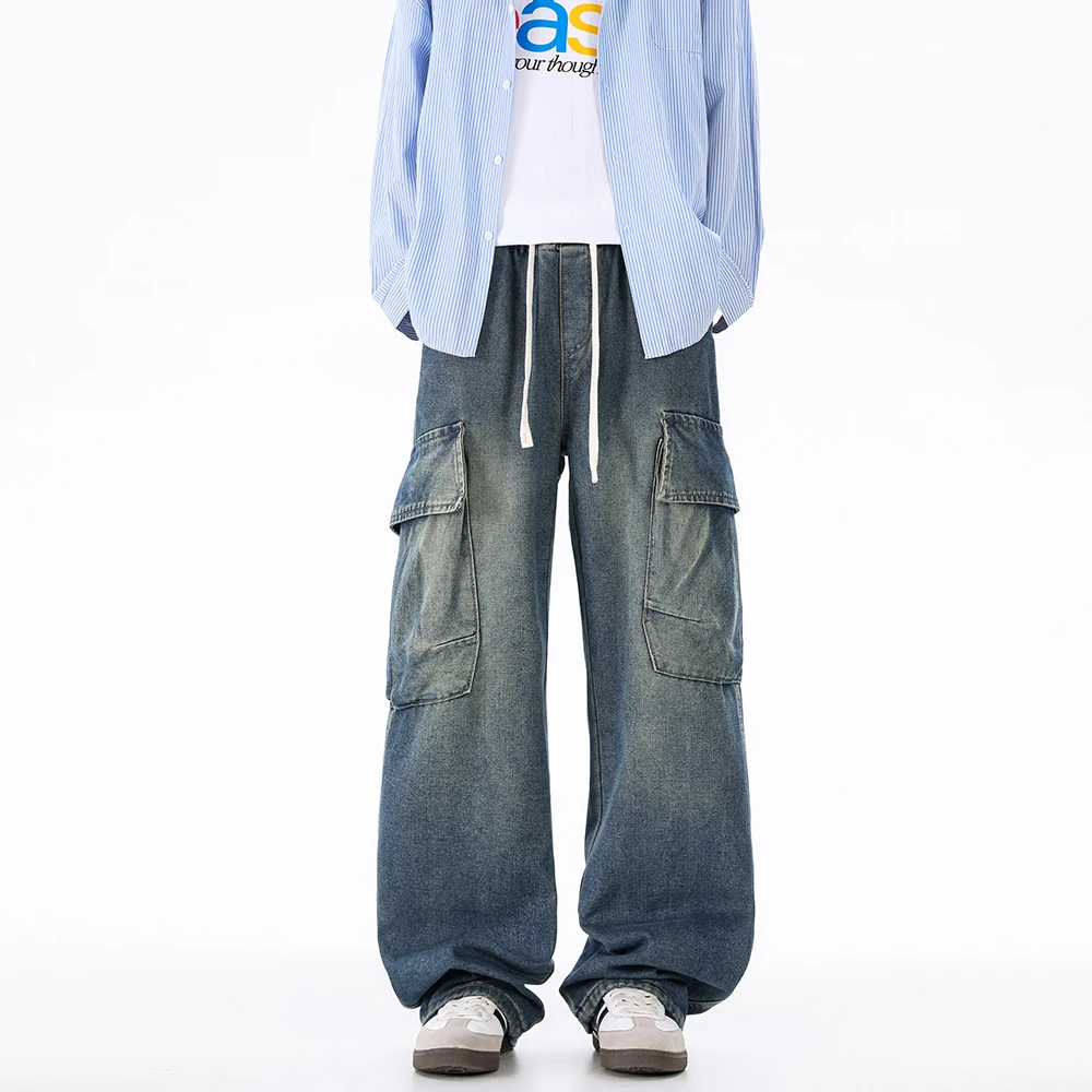 Cargo Jeans Men Workwear Style Drop Crotch Loose Fit Drawstring Waist Joggers Big Side Pocket Fashion Trousers Hip Hop Pants