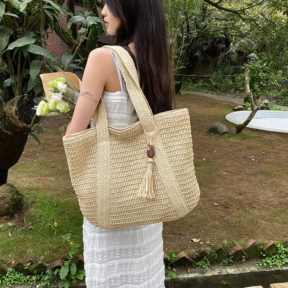 Elegant Ladies Straw Woven Handbag Women Holiday Beach Commute Casual Tote Top-Handle Bags Fashion Retro Shoulder Bags