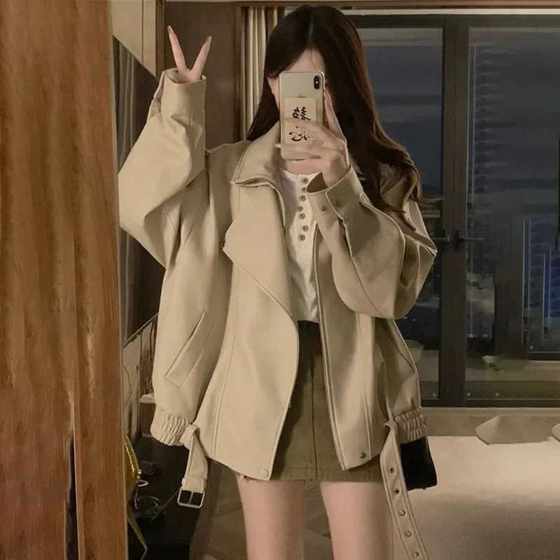 Korean Oversized Moto Faux Leather Jacket Women Beige Wide Lapel Strap Detail Elastic Cuff Loose Short Biker Coat Outerwear