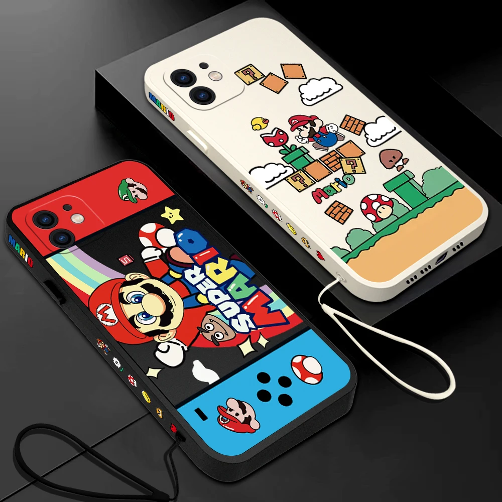 

Hot cartoon Phone Case For iPhone 15 14 13 12 11 Pro Max Mini X XR XSMAX 8 7 Plus For Marios Soft Silicone Cover With Hand Strap