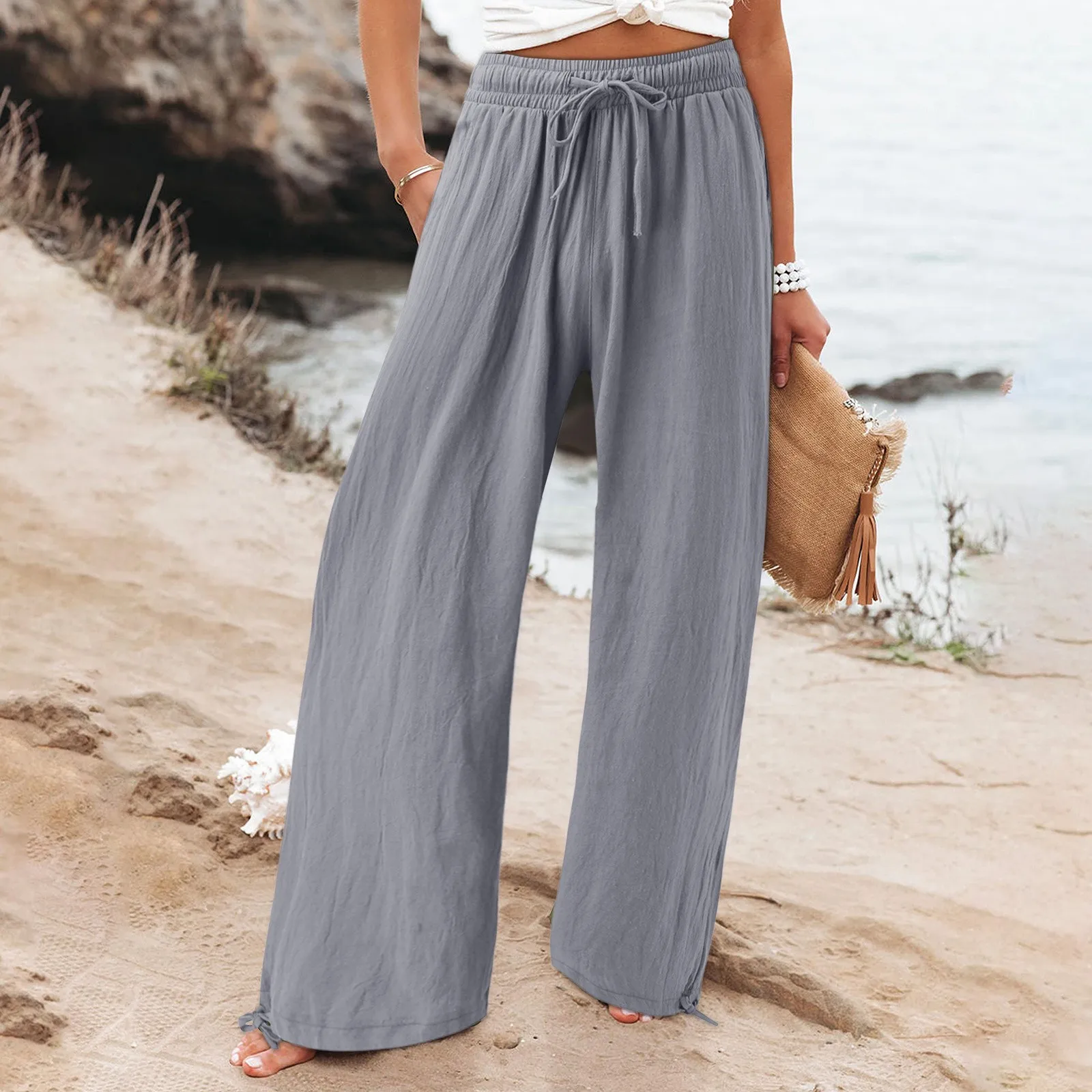 Womens Cotton Linen Pants Vintage Solid Color Wrinkled Jogging Trousers Drawstring Double Pocket Pants Hawaiian Beachwear Female