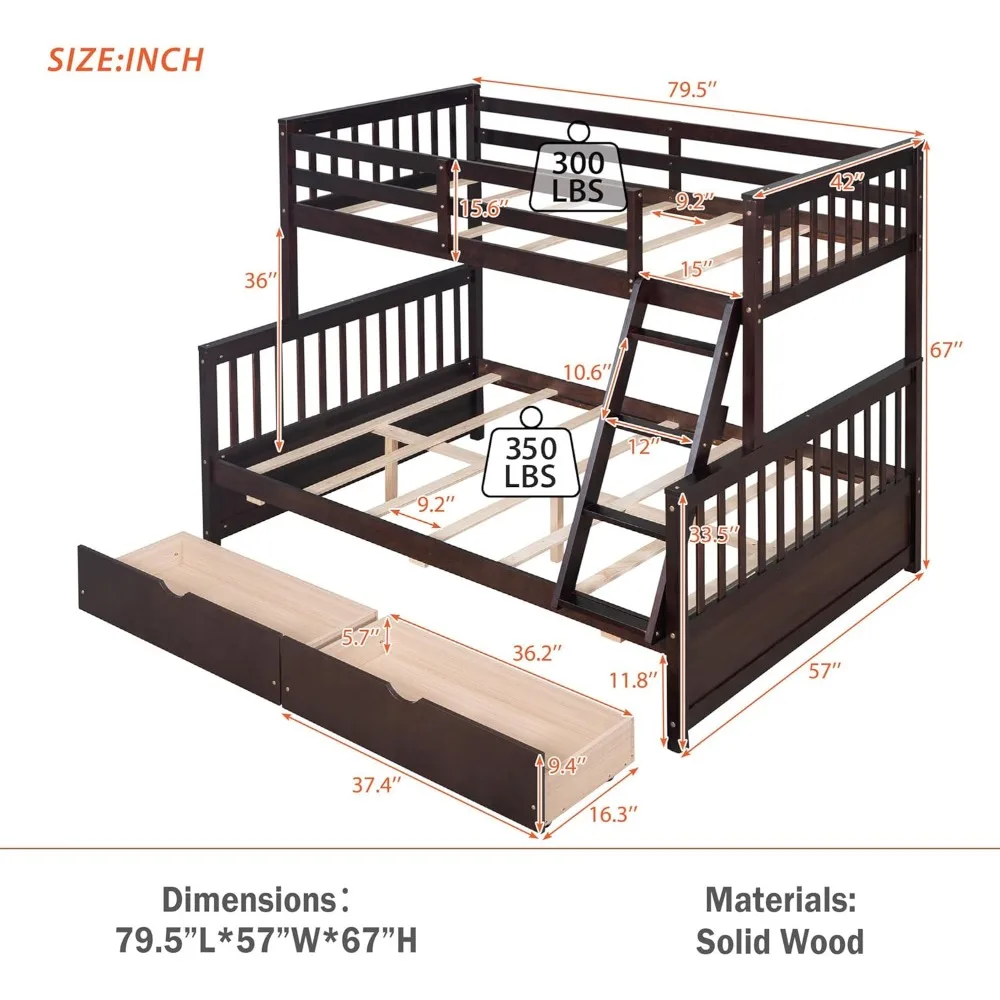 Wood Bunk Bed, with Two Drawers, WithLadders and Two Storage Drawers,with Ladders,Convertible Wood Bunk Bed