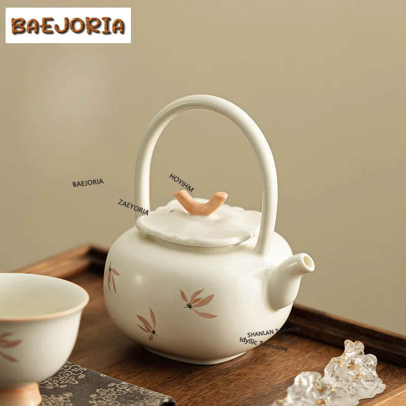 BAEJORIA 176ml Hand Drawn Orchid Persimmon Lifting Handle Teapot Aesthetic Tea Infuser Pot Tea Maker Kettle With Strainer Teaset