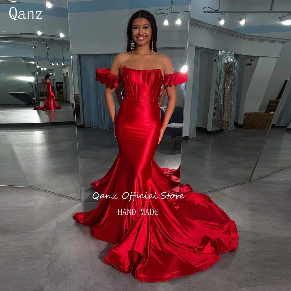 

Qanz Sexy Mermaid Evening Dresses Women Red Satin Sweep Train Short Sleeves Party Dresses Pleat Vestidos De Fiesta Customized