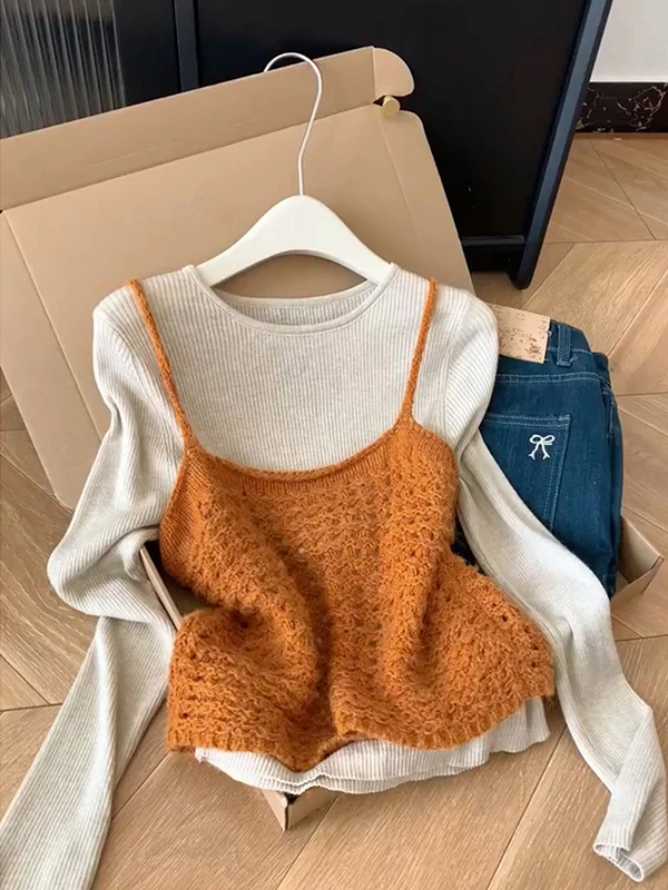 

plus Size Lazy Korean Sle Knitted Vest And Sweater Set Women's Faion Loose Breathable Long Sve Top Bot Ensemble
