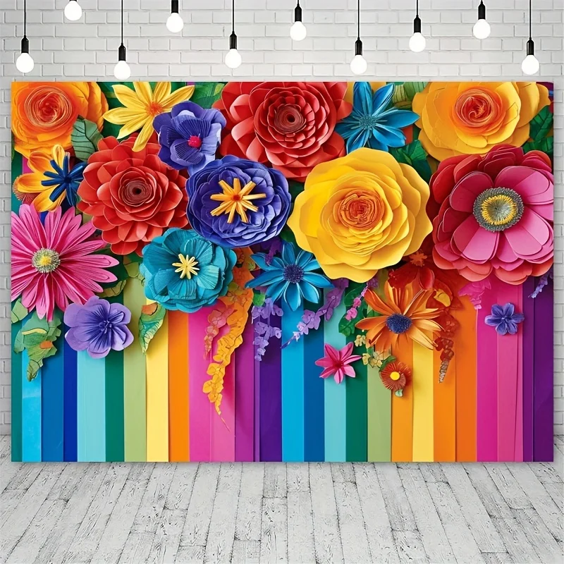 Mexican themed striped paper flower party background - cake table decoration and photo booth party decoration background