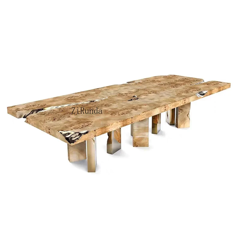 Large household dining table, high-end luxury villa rectangular solid wood conference table