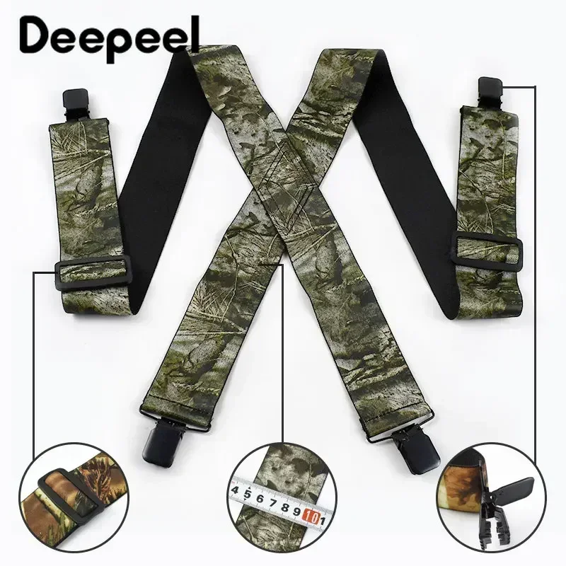 Deepel Suspender elastis untuk pria, Suspender lebar 5cm, kawat gigi elastis kamuflase tipe-x, 4 klip, tali selempang untuk pria, Jockstrap pria