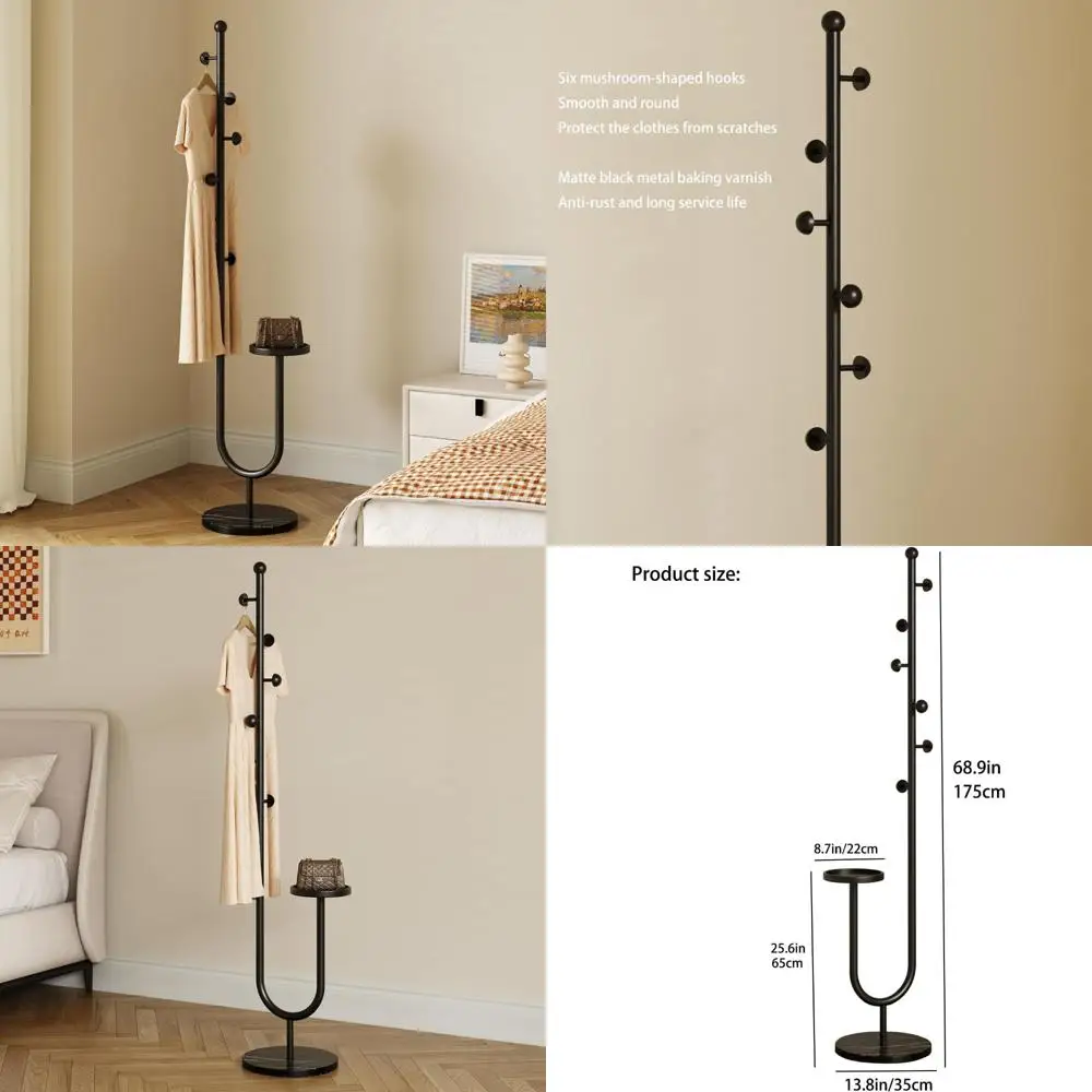 رف معطف معدني قائم بذاته مع 6 خطافات وقاعدة رخامية وصينية تخزين وطول 68.9 بوصة للاستخدام في الردهة