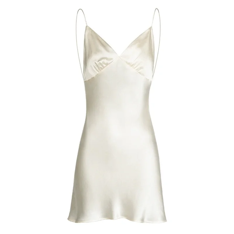 Silk Nightdress, V-neck Backless Loungewear for Women, Sexy Solid-color Lightweight Breathable 100% Mulberry Silk Camisole Dress