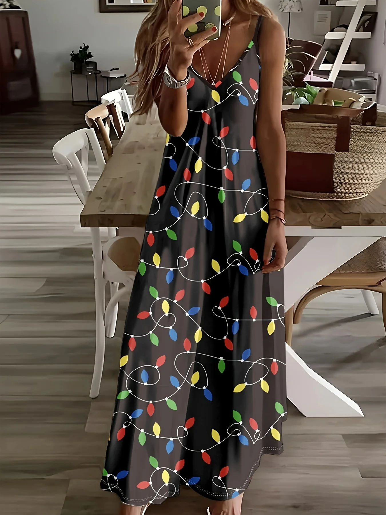 Printed Design casual style Colorful String Lights Pattern Print women's dress