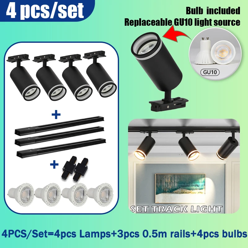 GU10 트랙 조명 세트, 트랙 조명 벽 램프 레일, 110V 스포트라이트, LED 스포트라이트, 고정장치 의류 매장, 가정 주방 레일